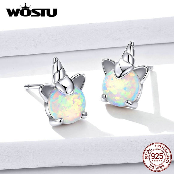 WOSTU 100% 925 Sterling Silver Unicorn Opal Stud Earrings For Women Wedding Small Earrings Fashion Anniversary Jewelry CQE737