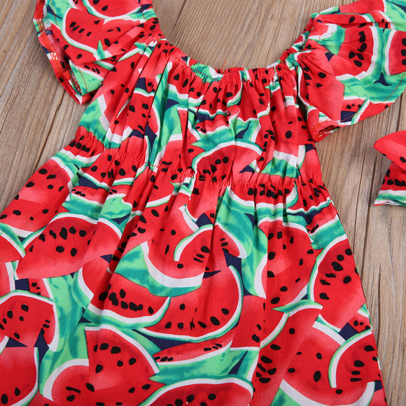 Newborn Baby Girls Watermelon Print Clothes Ruffles Sleeve Bodysuit +Headband