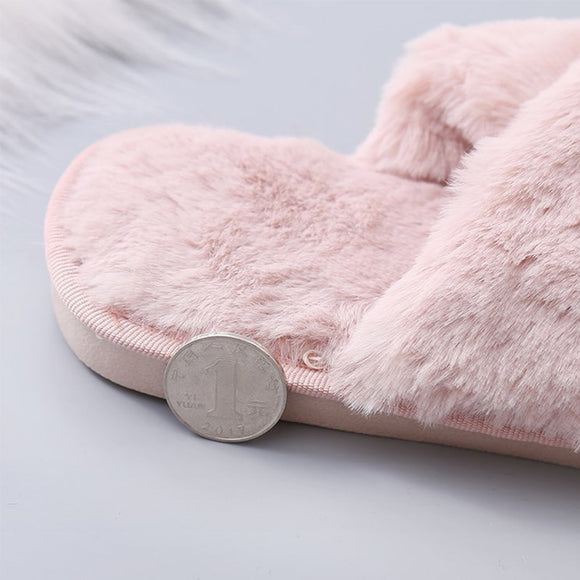 Winter Women Warm Faux Fur Home Slippers Ladies Cross Soft Plush Furry Female Open Toe Women's House Shoes Fashion Woman Slides