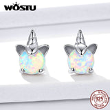 WOSTU 100% 925 Sterling Silver Unicorn Opal Stud Earrings For Women Wedding Small Earrings Fashion Anniversary Jewelry CQE737