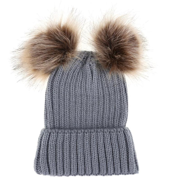 Fashion Parent-child Caps Cute Infant Baby Pompon Winter Hat Double Fur Ball Hat