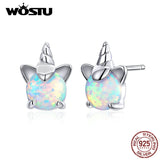 WOSTU 100% 925 Sterling Silver Unicorn Opal Stud Earrings For Women Wedding Small Earrings Fashion Anniversary Jewelry CQE737